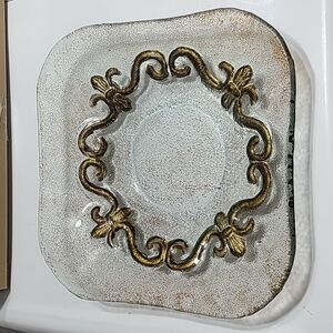 Beautiful Glass Tray dish‎ Gold paint in etched designs 12x12 euc